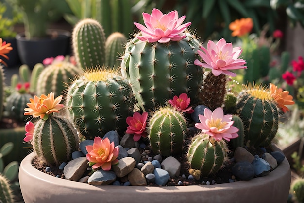 Grupa kaktusów w dekoracji doniczkowej w ogrodzie kwiatowym