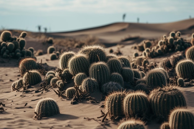Grupa kaktusów zgromadzonych razem w piasku