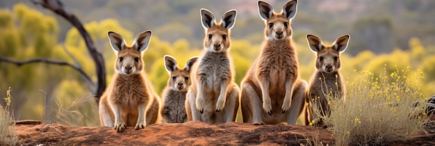 Zdjęcie grupa kangurów siedząca na szczycie skały