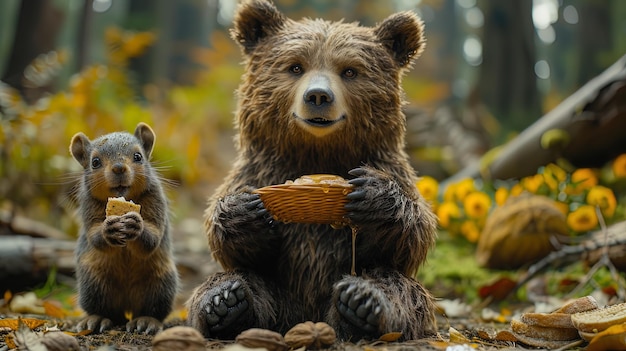 Grupa kapryśnych zwierząt z kreskówek na pikniku z niezdarnym niedźwiedziem rozlewającym miód na siebie