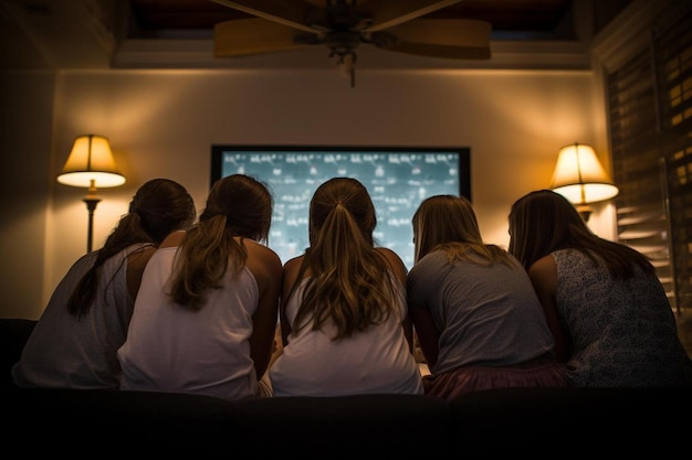 Zdjęcie grupa kobiet siedzących na kanapie i oglądających telewizję.