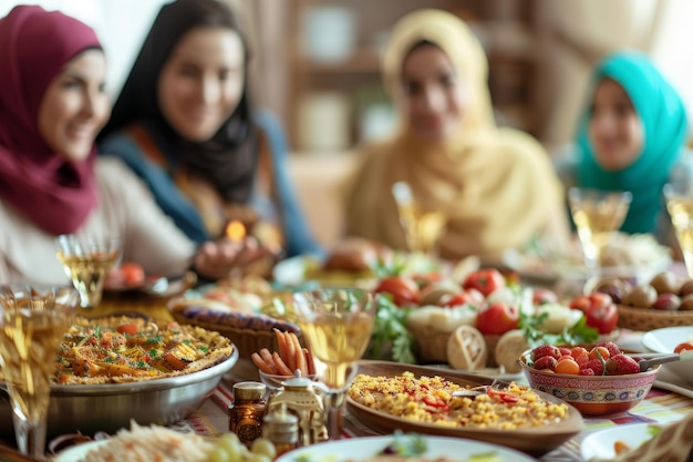 Grupa kobiet siedzi wokół stołu z różnorodnym jedzeniem