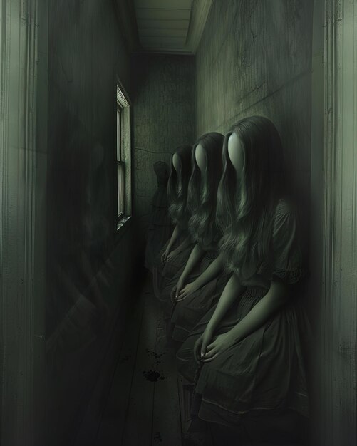 Zdjęcie grupa kobiet w ciemnym pokoju z oknem w środku