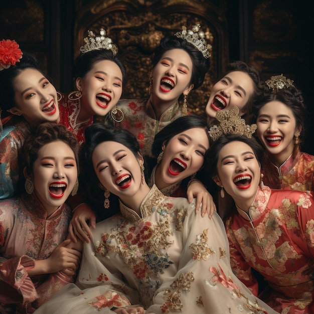 Grupa kobiet z napisami "geisha".