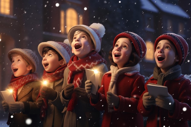 Zdjęcie grupa kolędników śpiewających świąteczne piosenki na śnieżnym 00584 02