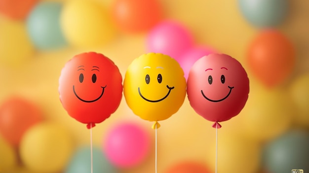 Zdjęcie grupa kolorowych balonów z uśmiechniętymi twarzami