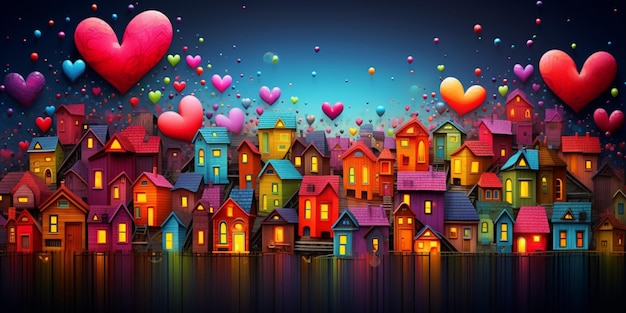 Grupa kolorowych domów z sercami pływającymi na niebie generatywny ai