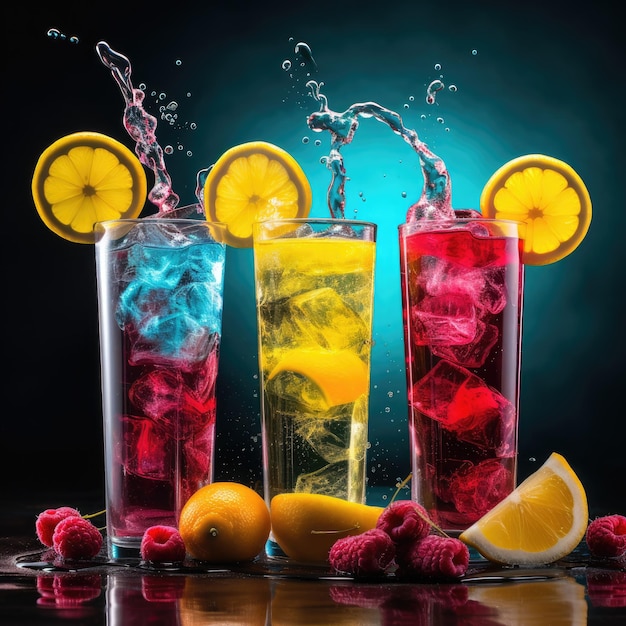 grupa kolorowych drinków z cytrynami i malinami