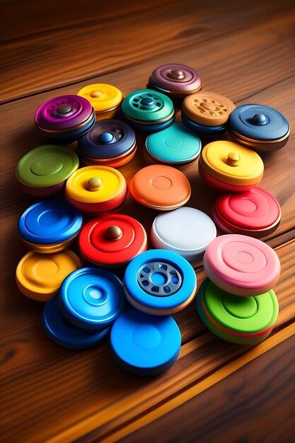 Grupa kolorowych fidget spinner odprężających zabawek na drewnianym tle