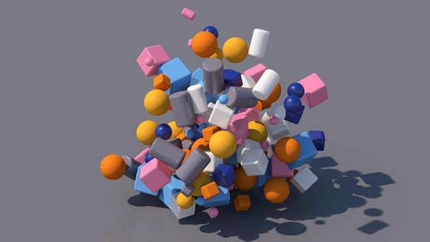 Grupa kolorowych kształtów latających na szarym tle Abstrakcyjna ilustracja renderowania 3d