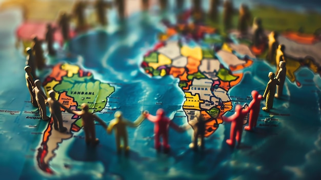 Grupa kolorowych plastikowych zabawek stoi na mapie świata, ludzie trzymają się za ręce w kręgu.