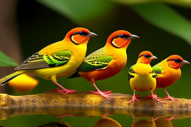 Grupa kolorowych ptaków z żółtymi skrzydłami i zieloną głową siedzi na gałęzi.