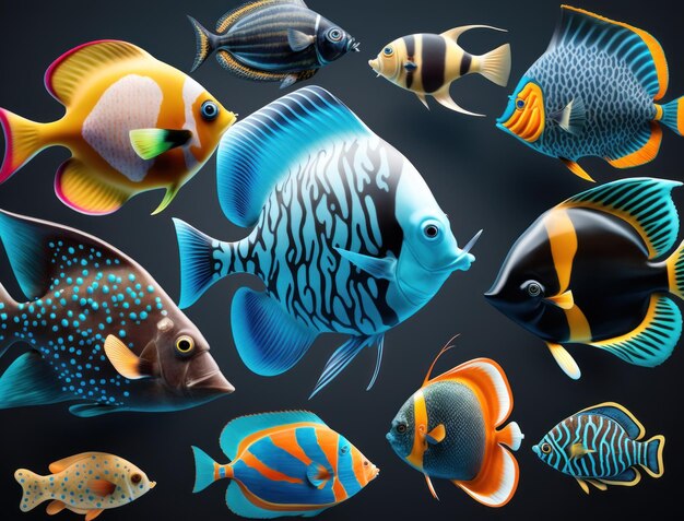 Grupa kolorowych ryb na ciemnym tle stworzona za pomocą technologii Generative AI