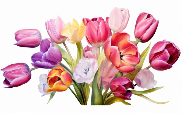 Zdjęcie grupa kolorowych tulipanów na białym tle