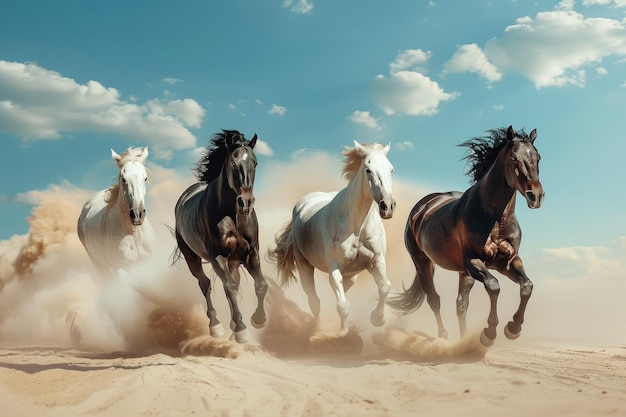 Grupa koni galopujących na pustyni.
