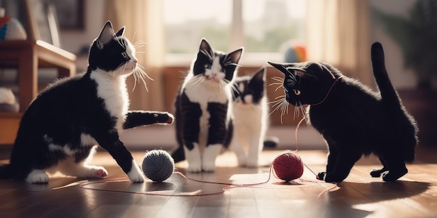 Grupa kotów bawiących się kłębkiem włóczki Obraz Generative AI