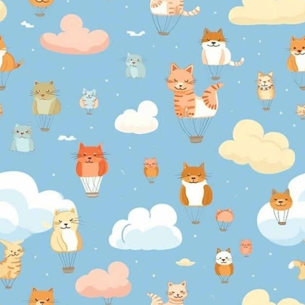 Grupa kotów latających na niebie z chmurami i chmurami generatywnymi ai