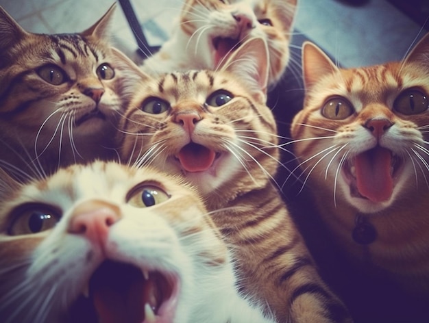 Grupa kotów robiących selfie Zdjęcie wygenerowane przez sztuczną inteligencję