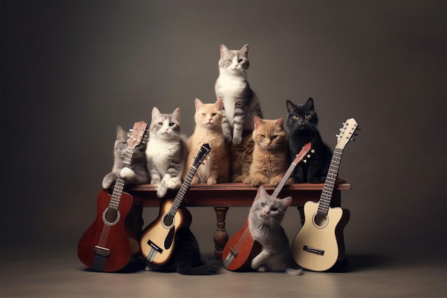 Grupa kotów siedzi na stole z gitarami.