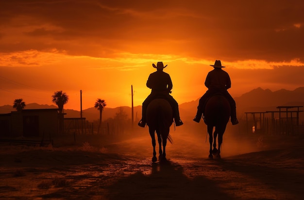 Grupa kowbojów na koniu o zachodzie słońca