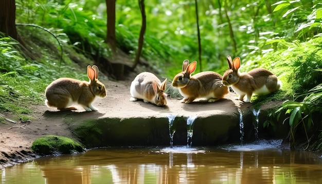 Zdjęcie grupa królików siedzących w lesie wokół wielu zielonych drzew
