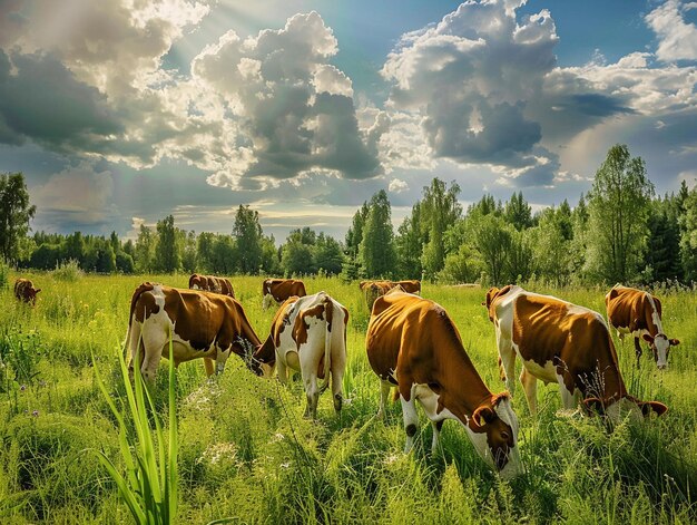 grupa krów pasie się na polu z drzewami na tle