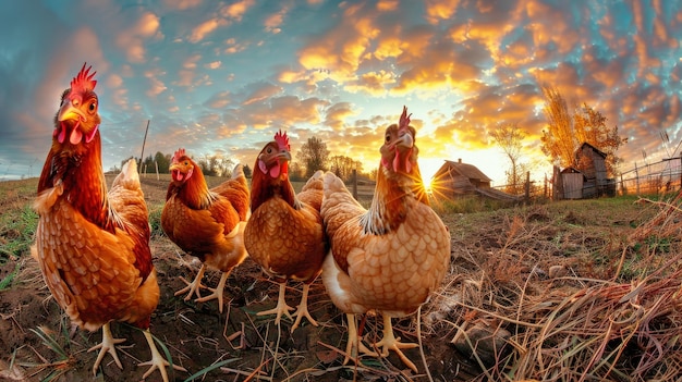 Grupa kurczaków stoi na szczycie ziemi.