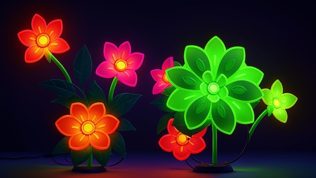 Grupa kwiatów z światłami Neon Color Generated Ai