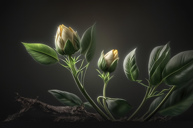 Grupa kwiatów z zielonymi liśćmi na czarnym tle generatywnej AI