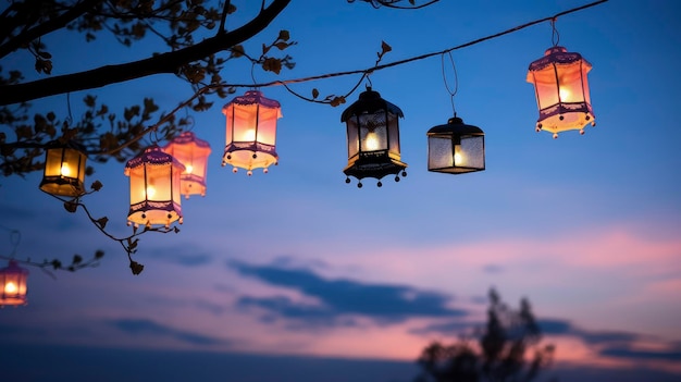Grupa latarni wiszących na drzewach Oświetlone światła dekoracyjne Latarnie wiszące na zewnątrz