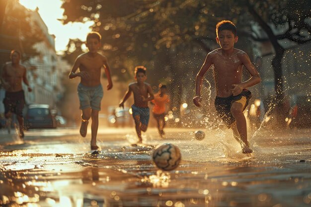 Grupa latynoskich chłopców grających w piłkę nożną na świeżym powietrzu w letni dzień