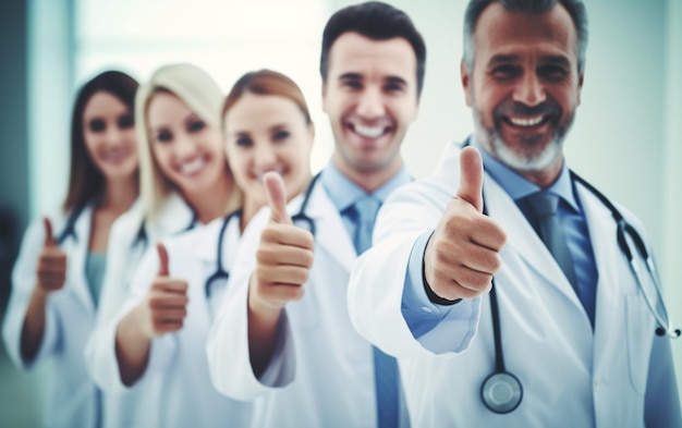 Grupa lekarzy pokazujących znak OK lub zgodę z kciukiem do góry wysoki poziom i jakość usług medycznych