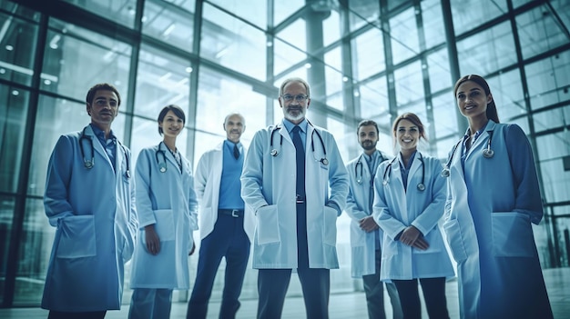 Grupa lekarzy stojących w szpitalu Szczęśliwy dzień lekarzy