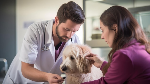 Grupa lekarzy weterynarii bada psa w klinice Stworzony przy użyciu technologii Generative AI