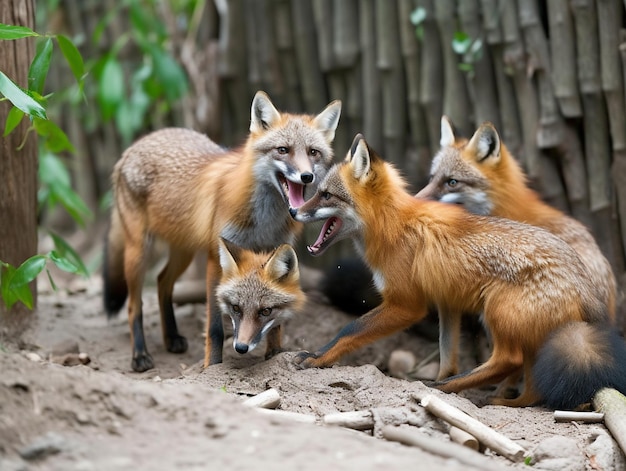Grupa lisów rudych zbiera się w zoo.