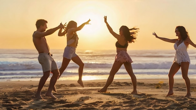 Grupa ludzi bawiących się na plaży przy zachodzie słońca