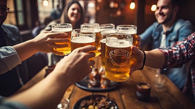 Grupa ludzi cieszących się i opiekania piwa w pubie browaru