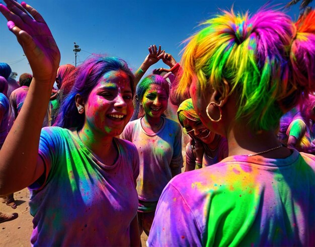 Grupa ludzi grających w Holi Festiwal kolorów