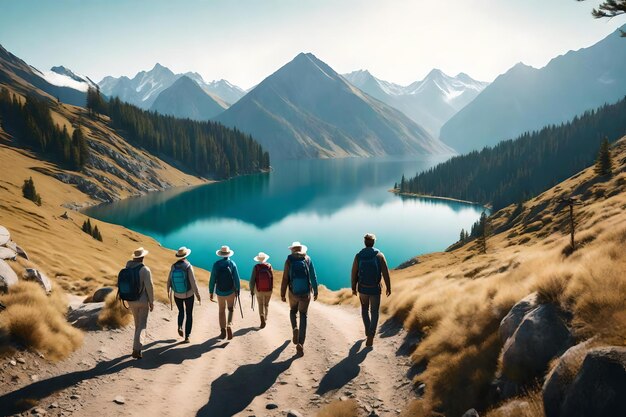 Zdjęcie grupa ludzi idących po górskiej ścieżce.