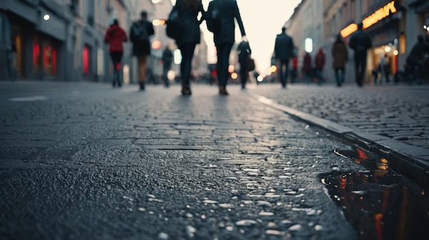 Grupa ludzi idących ulicą w pobliżu wysokich budynków