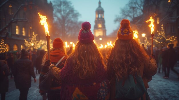 Grupa ludzi idących ulicą z pochodniami w nocy