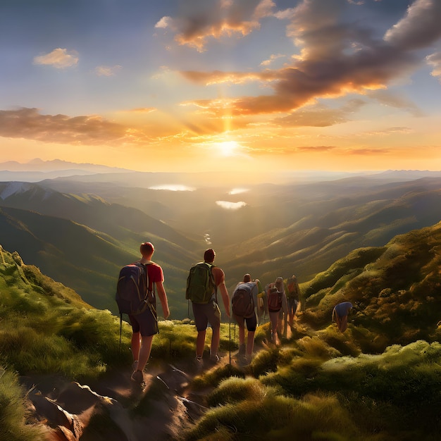 Zdjęcie grupa ludzi idących w górę z zachodzącym za nimi słońcem.