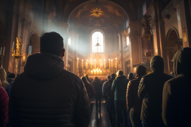 Zdjęcie grupa ludzi idzie przed kościołem z dużym żyrandolem w tle.