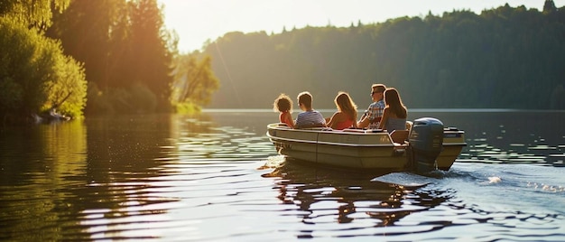grupa ludzi jeżdżących łodzią na jeziorze