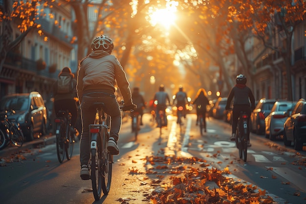 Grupa ludzi jeżdżących rowerami po ulicy, a słońce świeci przez drzewa