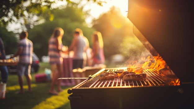 Grupa ludzi na grillu o zachodzie słońca Wakacje letnie Warzywa grillowane Kolacja na grilli Słodkie, soczyste mięso gotowane na grilli Wakacje