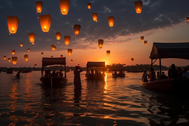 Grupa ludzi na łodziach unosi się z latarniami unoszącymi się w wodzie o zachodzie słońca.