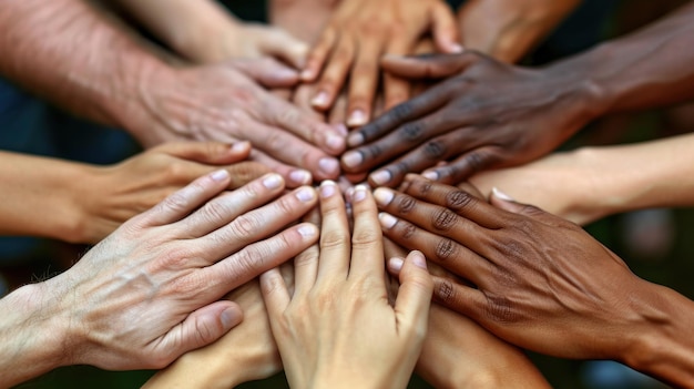 Grupa ludzi o różnych kolorach skóry składa ręce ai