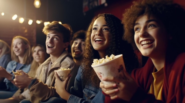 Grupa ludzi ogląda film w kinie.