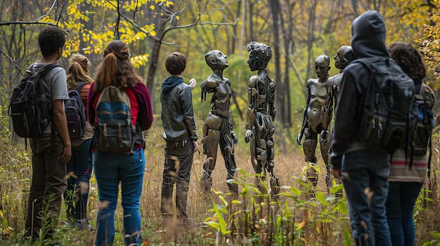 Zdjęcie grupa ludzi patrzących na grupę rzeźb w lesie rzeźby są wykonane z metalu i mają kształt ludzi